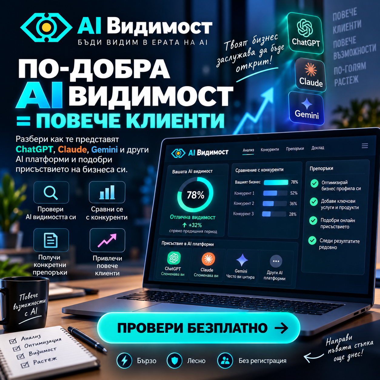 AI Видимост — по-добра AI видимост означава повече клиенти. Проверка в ChatGPT, Claude и Gemini.